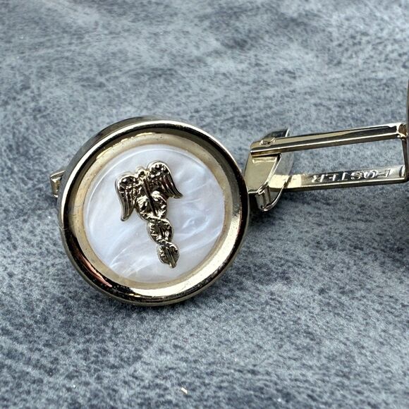 Vintage Foster Caduceus Cufflinks Set Mother of Pearl Gold Tone Medical with Box - Picture 7 of 11